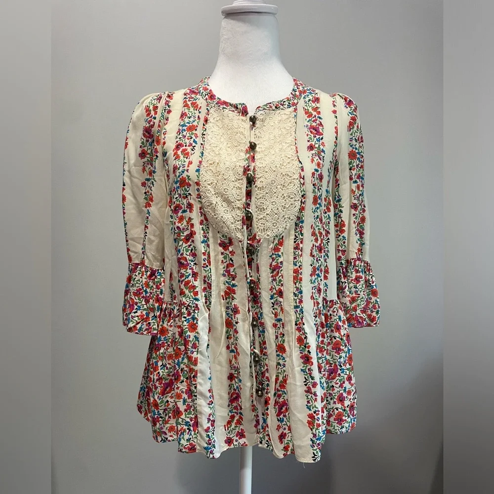 Anthropologie Maeve Womens Top Size 0 Button Hiver Boho Cottagecore Blouse‎ Lace